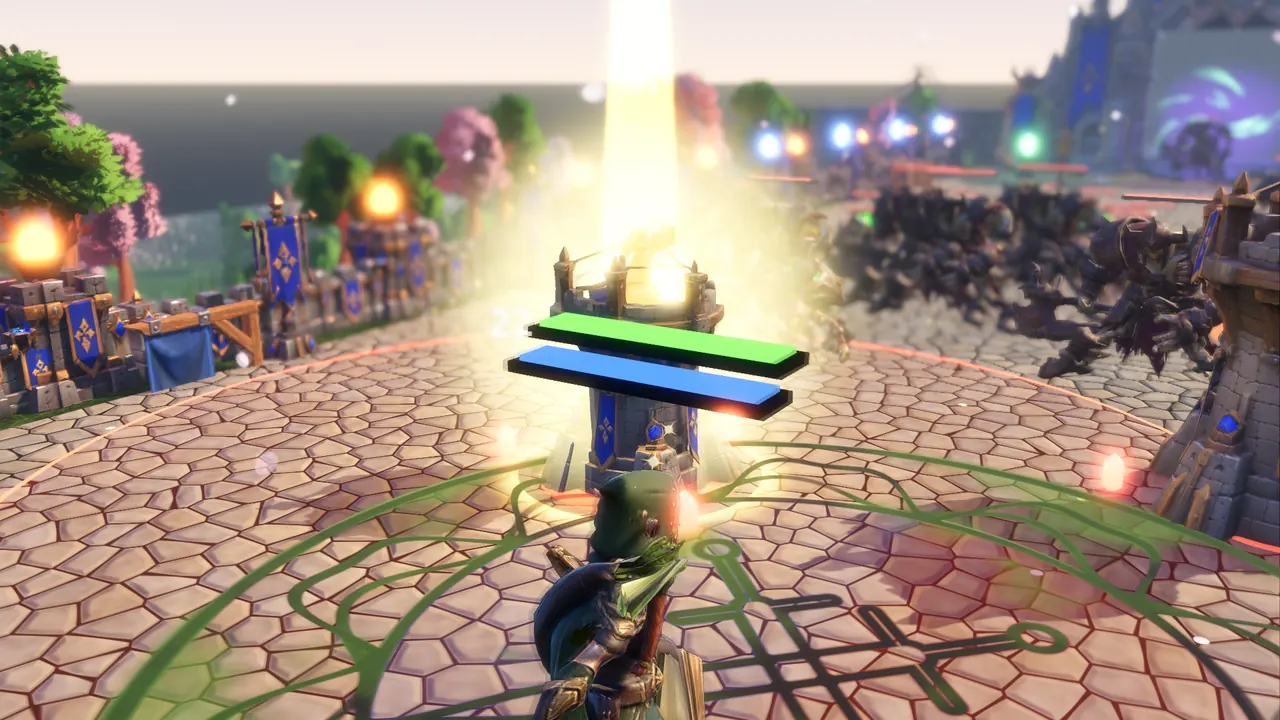 A tower glowing with a green and blue health bar